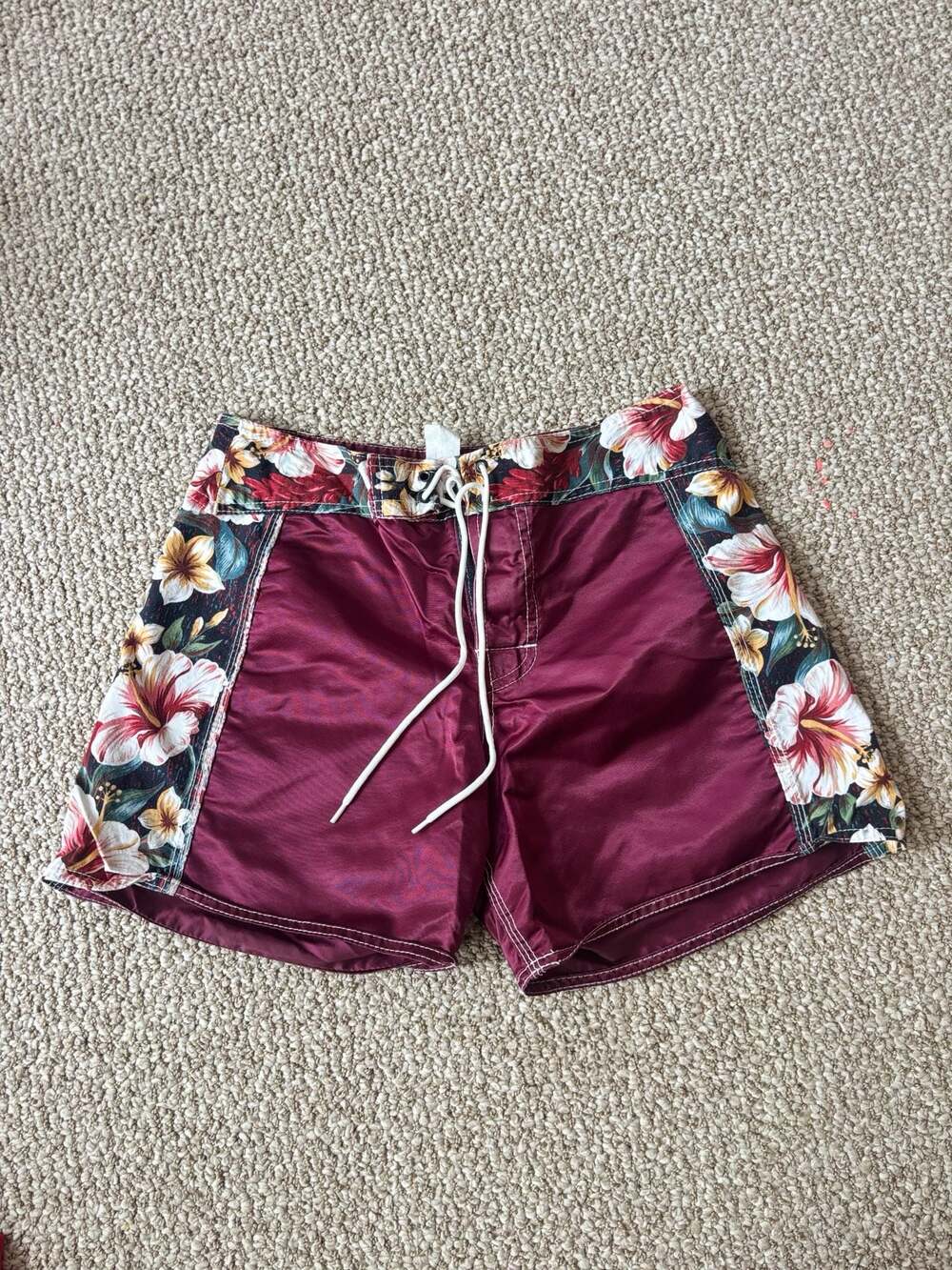 Vintage Maroon and Floral Board Shorts Swim Trunks Size S